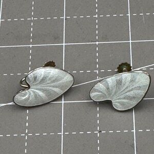 Art Deco Leaf Norway Sterling Silver 925s White Guilloche Enamel Earrings Screw